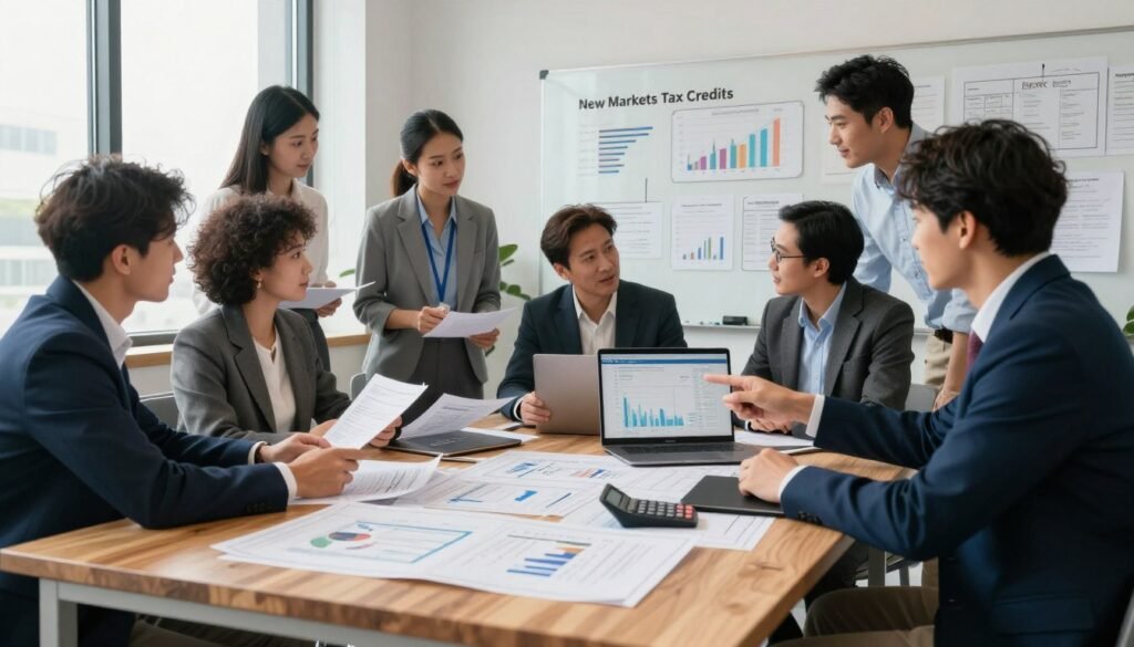 A dynamic workspace showcasing tools related to New Markets Tax Credits, emphasizing their role in capital stack strengthening. In the foreground, a sleek wooden desk is cluttered with blueprints, a calculator, and a laptop displaying financial graphs. In the middle, diverse professionals in business attire are engaged in a discussion, analyzing financial documents and pointing at data on the screen. The background features a large whiteboard filled with strategic planning notes and graphs, softly illuminated by natural light coming through large windows, creating an optimistic and focused atmosphere. Use a wide-angle lens perspective to capture the collaboration and intricacies of financial planning in real estate investment. Subtly include the brand name "Thorne CRE" in the decor of the space.