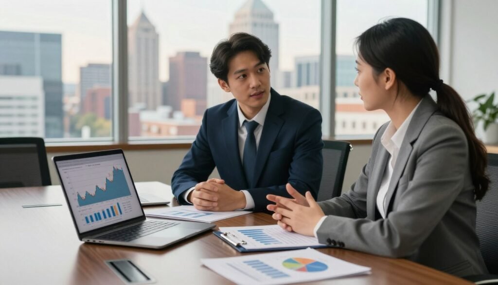 A financial advisor and a business client are seated at a polished conference table covered with financial reports and charts depicting interest rates. In the foreground, a sleek laptop displays graphs showing fluctuations between fixed and variable interest rates. The middle ground features the two professionals engaged in conversation, both dressed in sharp business attire—one in a navy suit and the other in a grey blazer. In the background, large windows reveal a vibrant Ohio skyline bathed in soft, warm daylight, symbolizing opportunity. The overall atmosphere is one of focused collaboration and strategic planning, conveyed through soft lighting that highlights their engaged expressions, with a shallow depth of field emphasizing the proximity of their discussion.