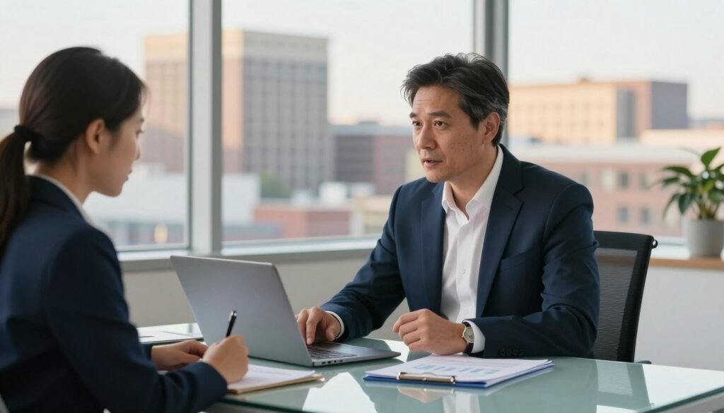 A focused scene of a professional lenders relationship manager in an office setting, emphasizing expertise in commercial real estate financing. The manager, a middle-aged Caucasian man in a tailored navy suit and white shirt, is seated at a modern glass desk with a laptop open and financial documents spread out. He is engaged in a discussion with a client, a young Asian woman in a smart business outfit, who is leaning forward, attentive, with a notepad in hand. The background features a large window showcasing a Nebraska cityscape, bathed in warm afternoon light that creates a welcoming atmosphere. The composition captures a sense of collaboration and professionalism, with soft focus on the background to highlight the main subjects. The image should convey trust and strategic communication in the realm of commercial lending.