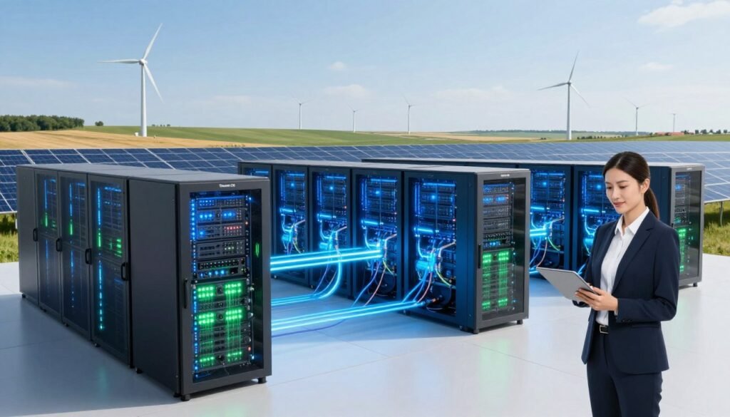 A futuristic energy-linked data center in North Dakota, showcasing large, illuminated server racks with vibrant blue and green lights reflecting energy efficiency. In the foreground, a professional wearing business attire stands confidently, examining systems on a tablet, symbolizing innovation. The middle ground features rows of sleek, modern server units connected by glowing energy conduits, highlighting advanced technology. In the background, vast renewable energy fields with wind turbines and solar panels create a harmonious integration of tech and nature, under a bright, clear sky. Soft, diffused lighting envelops the scene, enhancing a sense of progress and sustainability. This image captures the essence of "Thorne CRE" and the current financing trends in energy-linked commercial real estate.
