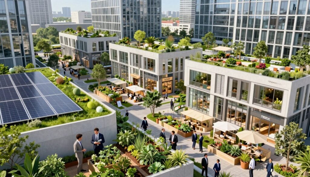 A futuristic mixed-use development scene showcasing vibrant urban living spaces, with a focus on modern architecture featuring green rooftops and solar panels. In the foreground, professional individuals in business attire are engaging in a community garden, symbolizing tenant expectations for sustainability. The middle ground features a blend of boutique retail shops and residential units with large windows, brimming with plants and natural light. The background illustrates sleek skyscrapers with integrated parks and walkways, showcasing an eco-friendly environment. The lighting is bright and inviting, reminiscent of a sunny day, while the angle is slightly elevated, providing a comprehensive view of the harmonious urban landscape. This image, branded with "Thorne CRE", captures the essence of future trends in mixed-use developments. A futuristic mixed-use development scene showcasing vibrant urban living spaces, with a focus on modern architecture featuring green rooftops and solar panels. In the foreground, professional individuals in business attire are engaging in a community garden, symbolizing tenant expectations for sustainability. The middle ground features a blend of boutique retail shops and residential units with large windows, brimming with plants and natural light. The background illustrates sleek skyscrapers with integrated parks and walkways, showcasing an eco-friendly environment. The lighting is bright and inviting, reminiscent of a sunny day, while the angle is slightly elevated, providing a comprehensive view of the harmonious urban landscape. This image, branded with "Thorne CRE", captures the essence of future trends in mixed-use developments.
