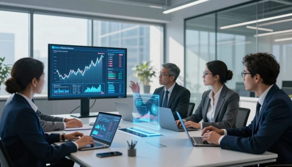A futuristic office environment showcasing the concept of stress testing in loan underwriting. In the foreground, a diverse group of professionals in business attire engage in a collaborative meeting, analyzing holographic data projections that simulate various stress test scenarios. In the middle, advanced technology like touch screens and augmented reality elements display complex financial graphs and predictive analytics. The background features sleek architecture with large glass windows, allowing natural light to pour in, casting soft shadows. The mood is focused and innovative, highlighting a blend of professionalism and technological advancement. The color palette includes cool blues and whites, evoking a sense of calm and clarity. Include a logo for "Thorne CRE" subtly integrated into the modern workspace design.