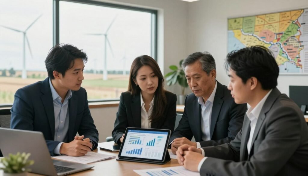 A group of infrastructure investors engaged in a serious discussion, focused on their financial strategies for energy-linked commercial real estate in North Dakota. In the foreground, three professionals in smart business attire analyze charts and graphs on a tablet, with expressions of concentration and collaboration. The middle ground features a large window showing a backdrop of North Dakota’s wind farms and oil fields, symbolizing the energy sector. The background includes an office setting with modern decor, including a large map of North Dakota on the wall. Soft, natural lighting filters through the window, creating a productive atmosphere with a slight glow. The overall mood conveys determination and foresight. The brand name "Thorne CRE" is subtly incorporated into the workspace decor.