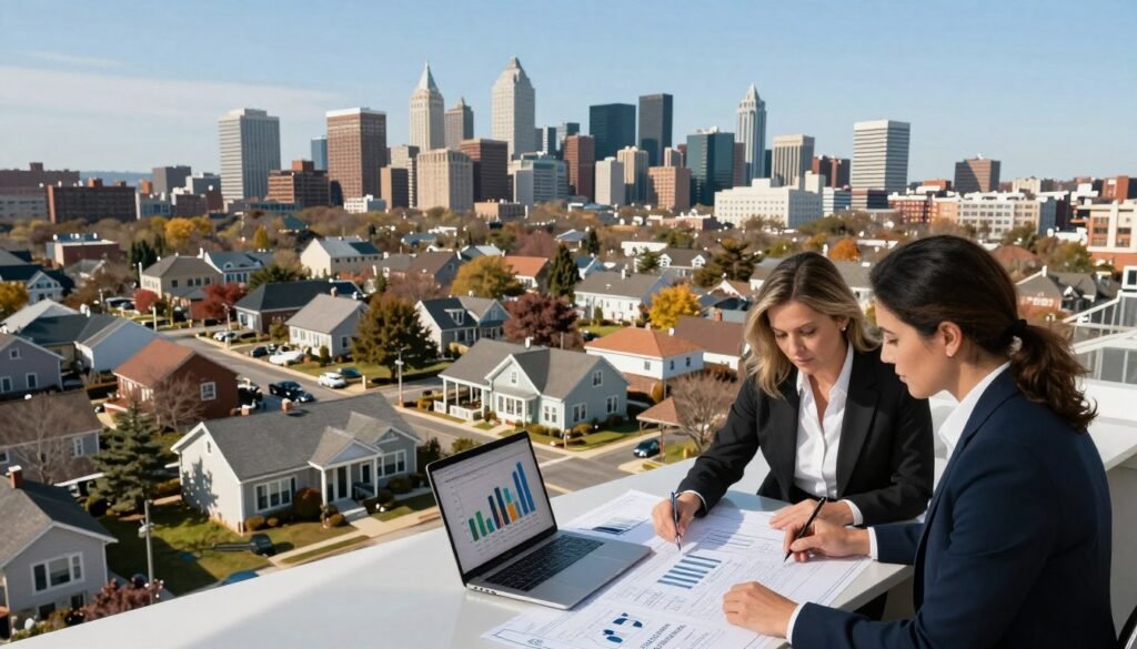 A high-angle view of a diverse suburban and urban New Jersey landscape showcasing property investment opportunities. In the foreground, a professional couple in business attire examines blueprints and financial documents on a table, with a laptop displaying graphs and charts related to capital stacks. The middle ground features a mix of suburban homes and urban high-rise buildings, symbolizing the contrast in investment strategies. The background displays the New Jersey skyline under a clear blue sky, with sunlight illuminating the scene, creating an optimistic atmosphere. Soft shadows enhance the depth, while a warm color palette evokes a sense of growth and opportunity. The logo "Thorne CRE" is subtly integrated into the design.