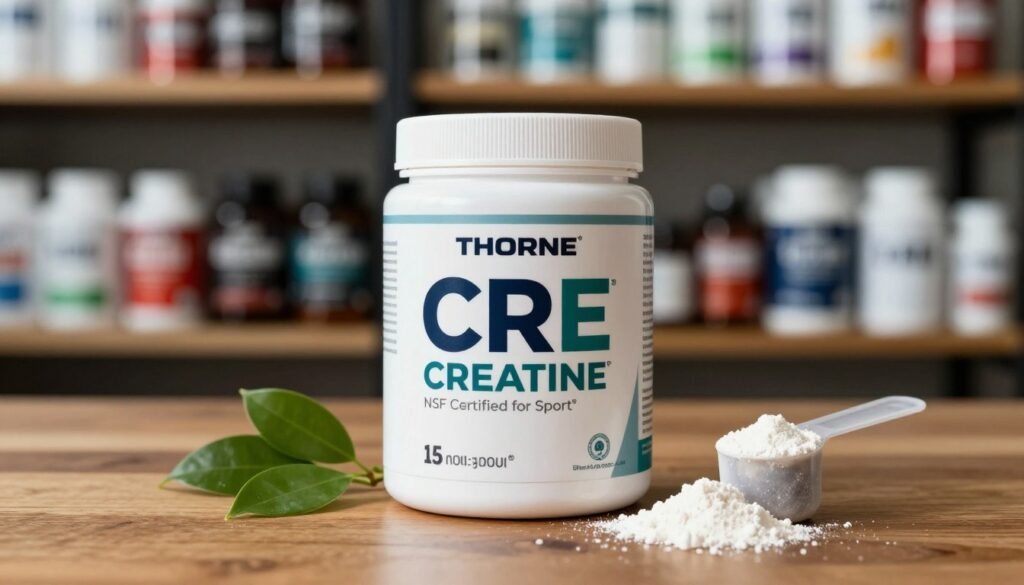 A high-quality close-up image of Thorne CRE's NSF Certified for Sport® creatine supplement container, prominently displayed on a polished wooden surface. The container is sleek and modern, featuring the Thorne CRE brand logo boldly visible in vibrant colors. In the foreground, soft natural light highlights the texture of the container, enhancing its premium look. Surrounding the container are scattered small green leaves and a measuring scoop filled with creatine powder, adding a touch of freshness. In the background, softly blurred shelves stocked with fitness products create a fitness-focused atmosphere, evoking a sense of trust and quality. The image should convey a clean, professional, and inviting mood, ideal for showcasing product purity and industry standards.