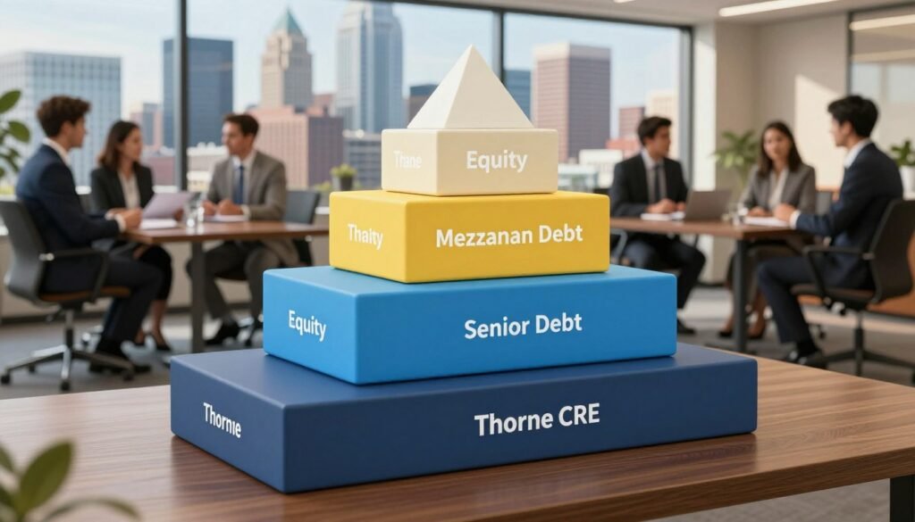 A highly detailed capital stack diagram in a visually engaging style, showcasing layers of financing in commercial real estate. In the foreground, sleek, stacked blocks represent different components of the capital stack, like equity, mezzanine debt, and senior debt, each labeled with clear financial indicators. The middle ground features a sophisticated office environment with professionals in business attire discussing strategies; use warm lighting to create a collaborative atmosphere. The background displays a large window overlooking a vibrant North Carolina city skyline, symbolizing growth and opportunity. Shot from a slightly elevated angle with a lens that provides depth and clarity, this image conveys a sense of professionalism, success, and financial acumen. Include the brand name "Thorne CRE" seamlessly integrated into the design without any text overlay.