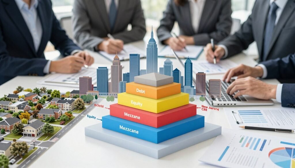 A highly detailed illustration of a “capital stack” concept in the context of commercial real estate (CRE). In the foreground, a transparent, multi-layered diagram showcases various components of a capital stack, including debt, equity, and mezzanine financing—each layer vividly colored and labeled for clarity. The middle ground features a stylized urban skyline of New Jersey, representing both suburban and urban environments. In the background, soft-focus images of business professionals in professional attire collaborate around a table, analyzing documents and models, embodying the collaborative essence of CRE financing. The scene is illuminated with natural light, creating a vibrant atmosphere. Shot from a high angle, which emphasizes the interconnectedness of the capital stack components that Thorne CRE manages, reflecting stability and innovation.