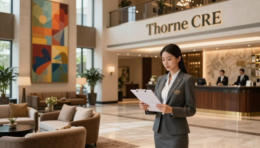A luxurious hotel lobby showcasing brand standards of "Thorne CRE." In the foreground, a professional businesswoman, dressed in a tailored suit, stands confidently holding a clipboard, reviewing brand compliance elements. In the middle ground, elegant design features, such as vibrant artwork and high-quality furnishings, reflect the brand's identity. The background features a welcoming reception area with attentive staff wearing branded uniforms, accentuating professionalism. Warm, natural lighting filters through large windows, creating an inviting atmosphere that fosters trust. Use a wide-angle lens to capture the spaciousness of the lobby while maintaining a focus on both the individual and the lavish brand elements surrounding her. The overall mood should convey sophistication and readiness for refinances, making a strong visual impact on viewers.