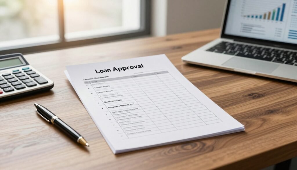 A meticulously arranged loan approval checklist on a sleek wooden desk in an office setting. The checklist is printed on crisp white paper, featuring bullet points such as "Credit Score," "Business Plan," "Property Valuation," and "Debt Service Coverage Ratio." Surrounding the checklist are a sophisticated pen, a calculator, and a laptop displaying financial graphs. In the background, a large window allows soft natural light to filter in, illuminating the scene with a warm glow. The atmosphere is professional and focused, conveying a sense of diligence in commercial real estate financing. The image should capture the attention of viewers while emphasizing the essential criteria for loan approval in Pennsylvania's market.