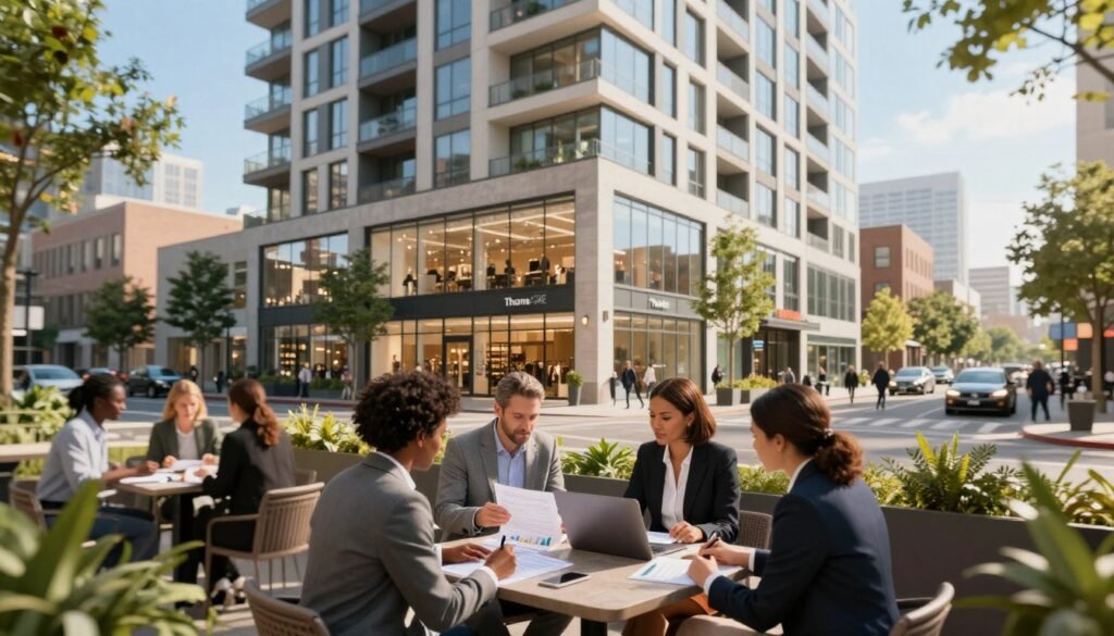 A mixed-use property financing scene, showcasing a modern urban building that combines residential, retail, and office spaces. In the foreground, a diverse group of professionals, dressed in business attire, collaborates over financial documents and a laptop at an outdoor café, surrounded by greenery. The middle ground features the building with large glass windows displaying shops and apartments, while people walk along the street. In the background, a city skyline under a bright blue sky with soft sunlight casting warm shadows creates a dynamic atmosphere. Capture this scene with a slight tilt-shift lens effect to emphasize the mixed-use properties, aiming for a vibrant and optimistic mood. Incorporate the brand name "Thorne CRE" subtly in the architecture.