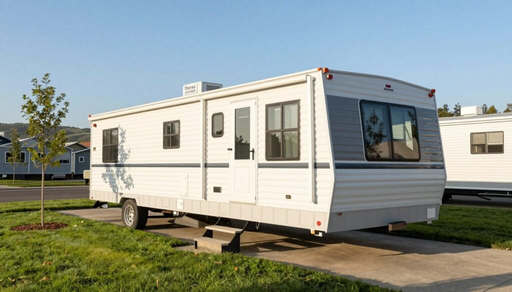 A mobile home prominently featured in a well-maintained residential park, showcasing its unique structure and design. In the foreground, the sleek, modern mobile home is accessible with steps leading up to a welcoming entrance. The middle ground includes manicured lawns and small trees, enhancing the community feel, while utility connections can be subtly integrated. The background consists of a clear blue sky and distant hills, indicating a tranquil suburban environment. The scene is lit with warm, natural daylight for a welcoming and positive atmosphere. Capture the image from a slightly elevated angle to showcase the home's details, ensuring no human figures are present. Include the branding "Thorne CRE" subtly within the scene's design elements, while keeping the image focused on the mobile home and its infrastructure.
