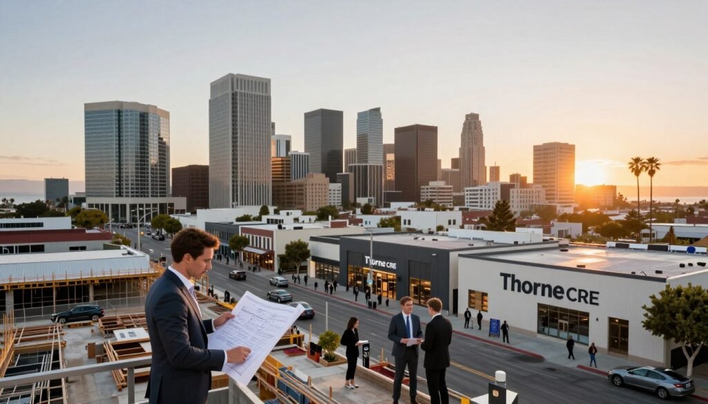 A modern California skyline featuring diverse commercial real estate properties, including sleek high-rise office buildings, charming retail spaces, and expansive warehouses. In the foreground, a professional businessperson in tailored attire reviews blueprints at a construction site, while another stands next to a "Thorne CRE" sign, showing collaboration in action. The middle ground showcases a bustling city street adorned with people engaging in business discussions and transactions, emphasizing a vibrant market atmosphere. In the background, the sun sets over the Pacific Ocean, casting golden light and creating a warm, optimistic mood. Capture the essence of urban life with a wide-angle lens, highlighting both detailed architecture and the dynamic energy of California's commercial real estate scene. Soft shadows and natural lighting enhance the realism. A modern California skyline featuring diverse commercial real estate properties, including sleek high-rise office buildings, charming retail spaces, and expansive warehouses. In the foreground, a professional businessperson in tailored attire reviews blueprints at a construction site, while another stands next to a "Thorne CRE" sign, showing collaboration in action. The middle ground showcases a bustling city street adorned with people engaging in business discussions and transactions, emphasizing a vibrant market atmosphere. In the background, the sun sets over the Pacific Ocean, casting golden light and creating a warm, optimistic mood. Capture the essence of urban life with a wide-angle lens, highlighting both detailed architecture and the dynamic energy of California's commercial real estate scene. Soft shadows and natural lighting enhance the realism.