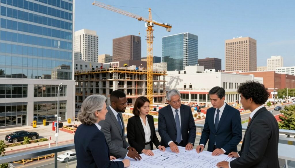 A modern Indiana commercial real estate scene featuring a dynamic blend of office buildings, retail spaces, and new construction projects. In the foreground, a group of diverse professionals in business attire are engaged in a discussion, pointing at a blueprint spread out on a table. The middle ground shows a partially constructed building with cranes and workers, highlighting a vibrant construction phase. The background features a skyline of Indiana’s urban landscape under a clear blue sky, with sunlight reflecting off the glass surfaces of buildings. The atmosphere conveys a sense of collaboration and forward-thinking, capturing the essence of strategic real estate financing. Use natural lighting to emphasize realism, and a wide-angle lens to encapsulate the bustling environment. A modern Indiana commercial real estate scene featuring a dynamic blend of office buildings, retail spaces, and new construction projects. In the foreground, a group of diverse professionals in business attire are engaged in a discussion, pointing at a blueprint spread out on a table. The middle ground shows a partially constructed building with cranes and workers, highlighting a vibrant construction phase. The background features a skyline of Indiana’s urban landscape under a clear blue sky, with sunlight reflecting off the glass surfaces of buildings. The atmosphere conveys a sense of collaboration and forward-thinking, capturing the essence of strategic real estate financing. Use natural lighting to emphasize realism, and a wide-angle lens to encapsulate the bustling environment.