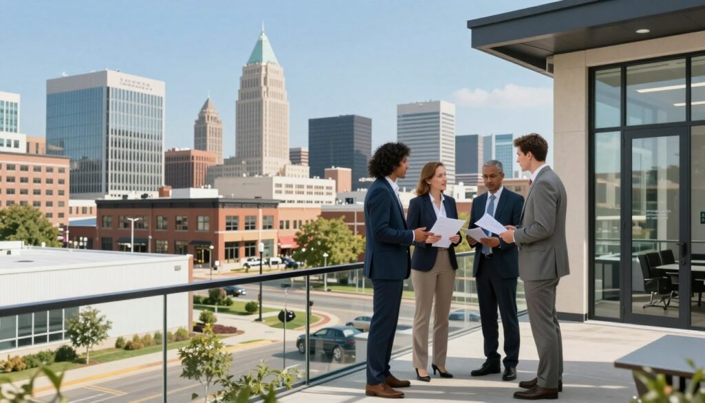 A modern Iowa cityscape showcases various commercial real estate options, including sleek office buildings, retail centers, and industrial parks in the foreground. Highlight a diverse group of professionals in business attire discussing plans and reviewing paperwork, positioned in mid-conversation near a contemporary office space. In the background, feature a skyline with iconic Iowa architecture under a clear blue sky, casting soft shadows on the ground to convey a sunny day. Use daylight lighting for a bright and optimistic atmosphere, capturing a sense of opportunity and growth in the commercial real estate market. The image should evoke a mood of professionalism and strategic planning, suitable for a financial discussion.