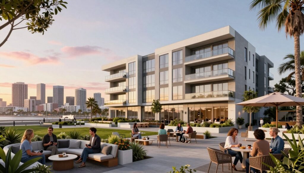 A modern architectural rendering of the Ocean Center Apartments in Long Beach, California, showcasing a vibrant and engaging urban environment. In the foreground, a well-designed outdoor communal area features contemporary furniture and greenery, with a glimpse of residents enjoying the space, dressed in professional casual attire. The middle layer highlights the sleek facade of the Ocean Center Apartments, emphasizing large glass windows and balconies that reflect the sunlight, surrounded by complementary landscaping. In the background, the stunning Long Beach skyline contrasts the architecture with soft, pastel colors of the sunset. The scene is illuminated by warm, natural lighting, creating an inviting atmosphere. Capturing a wide-angle perspective, the image embodies the essence of luxury living and the focus on community. Thorne CRE branding subtly integrated into the design elements.
