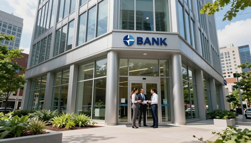 A modern bank building situated in an urban Connecticut setting, showcasing sleek glass and steel architecture. In the foreground, a professional-looking couple dressed in business attire stands near the entrance, discussing with a bank representative who appears knowledgeable and approachable. The middle ground features trees and landscaped gardens, adding a touch of greenery to the urban environment. In the background, the city skyline subtly rises, hinting at the financial district. Natural daylight filters through clouds, creating soft shadows across the scene, enhancing a sense of trust and professionalism. The overall atmosphere conveys confidence, stability, and a positive community relationship between the bank and its clients. The image is framed from a slightly low angle to emphasize the bank's stature and significance.
