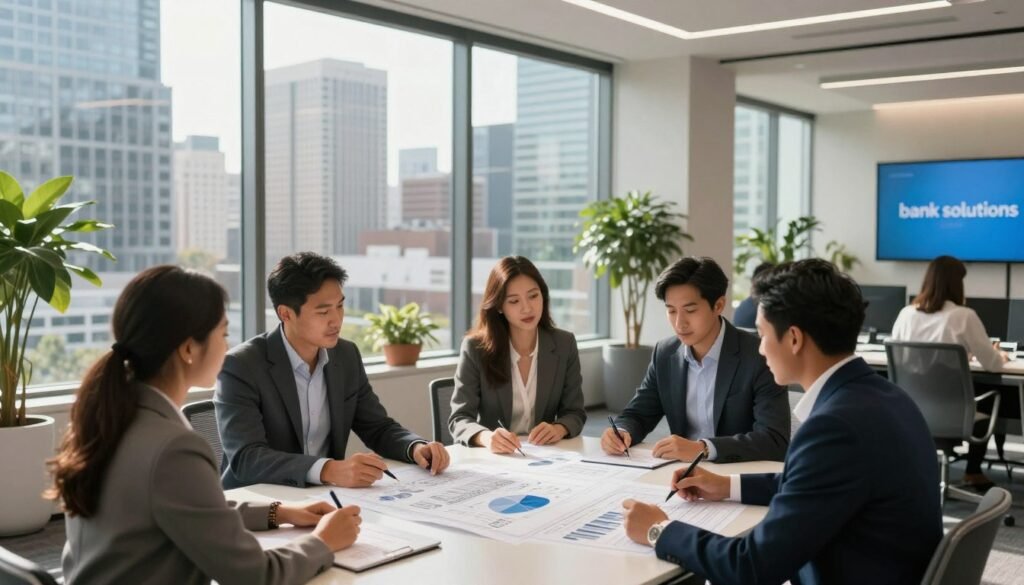 A modern bank office environment illustrating "bank solutions" in a hybrid work setting. In the foreground, a diverse group of professionals in business attire sits at a sleek conference table, reviewing blueprints and financial plans for an office building. The middle ground features a large glass window showcasing a city skyline, where several high-rise office buildings are visible, representing the evolution of workspaces. Soft natural light pours in, creating a warm and inviting atmosphere. The background displays greenery and modern office décor, symbolizing innovation and sustainability. A subtle touch of the brand name "Thorne CRE" appears on a digital screen in the room, emphasizing their role as a leading financing partner. The overall mood is collaborative and forward-thinking, capturing the essence of a bank-led approach to office financing. A modern bank office environment illustrating "bank solutions" in a hybrid work setting. In the foreground, a diverse group of professionals in business attire sits at a sleek conference table, reviewing blueprints and financial plans for an office building. The middle ground features a large glass window showcasing a city skyline, where several high-rise office buildings are visible, representing the evolution of workspaces. Soft natural light pours in, creating a warm and inviting atmosphere. The background displays greenery and modern office décor, symbolizing innovation and sustainability. A subtle touch of the brand name "Thorne CRE" appears on a digital screen in the room, emphasizing their role as a leading financing partner. The overall mood is collaborative and forward-thinking, capturing the essence of a bank-led approach to office financing.