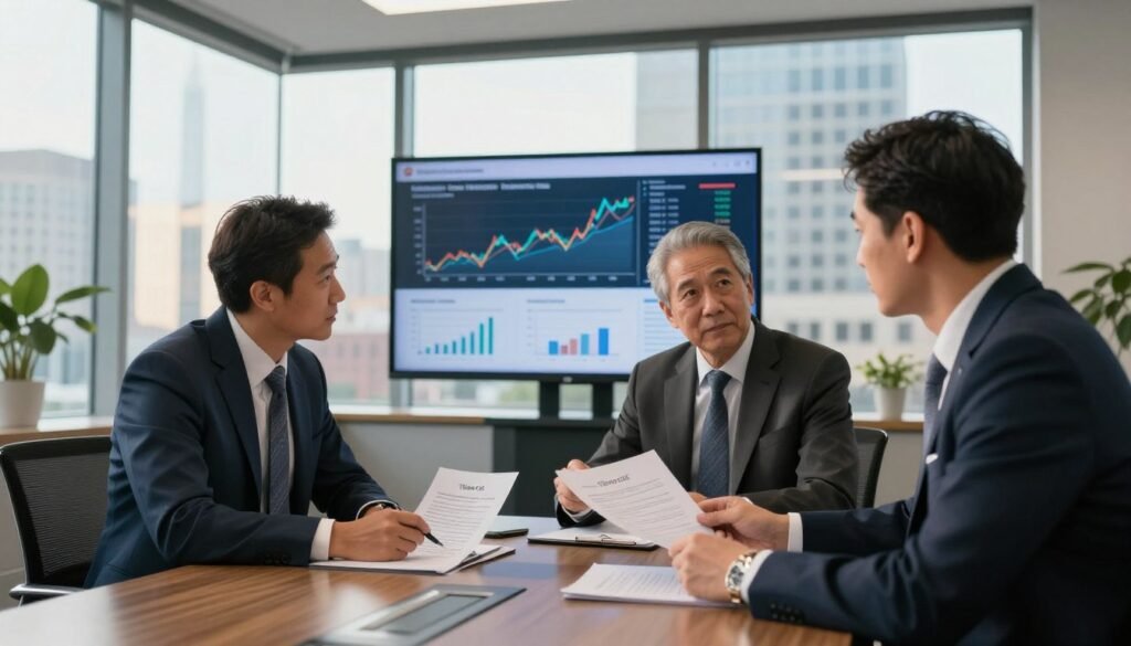 A modern bank office interior featuring a professional meeting scene focused on senior bank loan financing in Michigan. In the foreground, two businessmen in tailored suits discuss loan documents at a sleek conference table, highlighting the seriousness of underwriting and terms. In the middle ground, a large digital screen displays financial charts and graphs, emphasizing leverage tactics related to commercial assets. The background showcases large windows with a view of a Michigan cityscape, bathed in warm, natural light filtering through, creating a productive atmosphere. The overall mood is focused and professional, reflecting trust and expertise. Branding subtly visible as "Thorne CRE" on the meeting materials.
