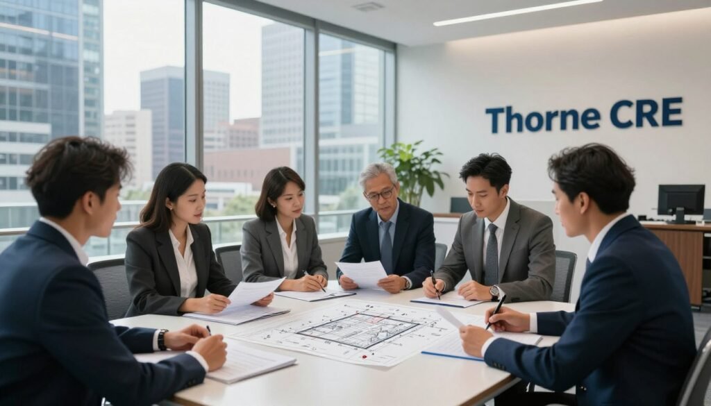 A modern bank office scene focused on commercial real estate lending. In the foreground, a diverse group of professional individuals in business attire is gathered around a sleek conference table, examining property blueprints and financial documents. In the middle ground, large glass windows reveal a bustling city skyline, hinting at various commercial buildings. A subtle light streams in, creating a bright, inviting atmosphere. The background features modern decor, with a wall displaying the brand name "Thorne CRE" prominently. Use a wide-angle lens to capture the entire setting, ensuring an engaging perspective that highlights collaboration and the essence of banking in real estate. Aim for a polished, professional mood, free of distractions, that visually represents the concept of bank lending in today's market.