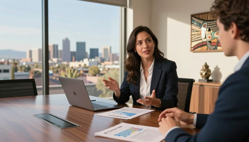A modern bridge loan transaction scene, featuring a confident businesswoman in professional attire discussing financing options with a potential client in a well-lit conference room. The foreground showcases a sleek wooden conference table with financial charts and documents spread out, alongside a laptop displaying market data. The middle ground includes a large window revealing a panoramic view of Arizona's urban skyline and desert landscape, bathed in warm afternoon sunlight. In the background, an elegant decorative piece reflective of the local culture adds character to the room. The atmosphere is focused and professional, conveying a sense of urgency and opportunity in commercial lending. The Thorne CRE logo subtly incorporated into the documents emphasizes the emphasis on strategic financial solutions.