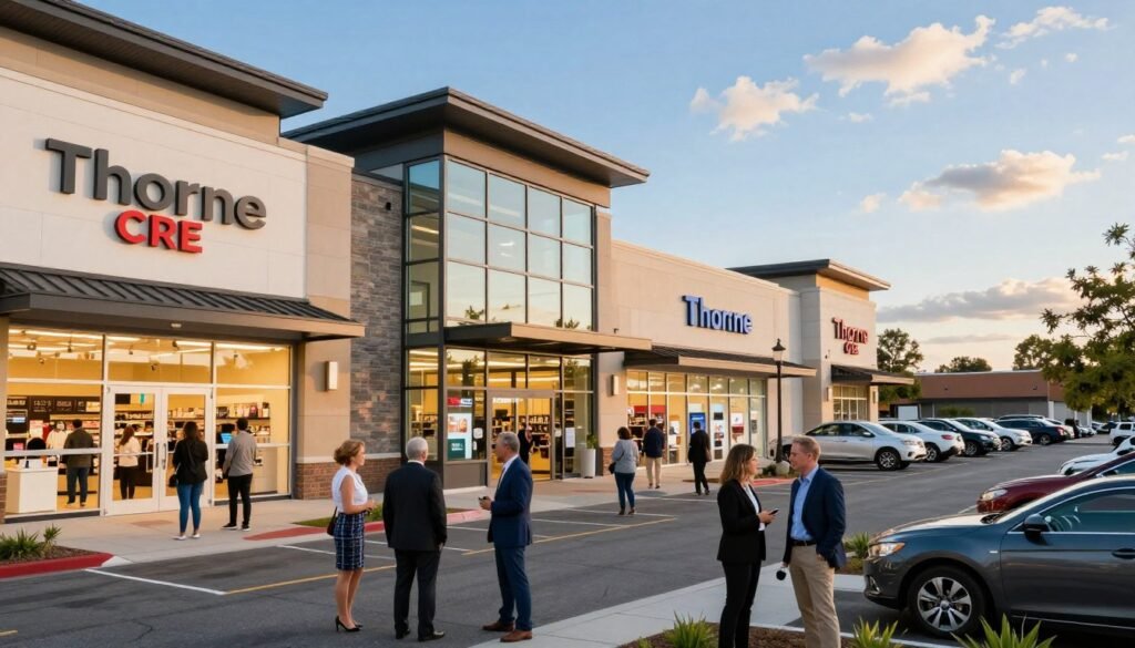 A modern, bustling retail center showcasing a diverse range of storefronts, prominently featuring popular anchor tenants such as Thorne CRE, a large grocery store, and a well-known electronics retailer. In the foreground, shoppers in professional business attire and casual clothing interact outside the stores, creating a vibrant atmosphere. The middle section highlights the dynamic architecture of the center, with glass facades and inviting entrances illuminated by warm, natural lighting during the golden hour. In the background, a clear blue sky with a few clouds enhances the scene, while nearby parking lots are filled with cars. The overall mood is energetic and optimistic, reflecting the importance of anchor tenants in attracting customers and driving foot traffic to the retail environment.
