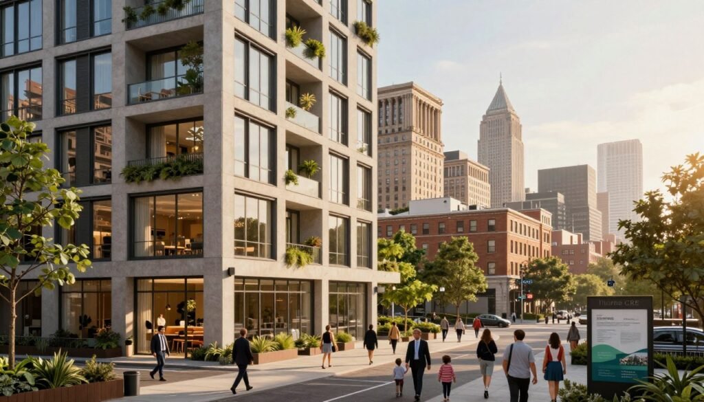 A modern city landscape showcasing an innovative hotel conversion into multifamily residences. In the foreground, show a sleek, contemporary building with large windows and balconies filled with greenery, indicating a vibrant community space. The middle ground features a bustling urban environment with pedestrians in professional attire and families enjoying the area. In the background, capture the skyline of the city with both historical buildings and modern skyscrapers, illustrating the blend of old and new architecture. Soft golden hour lighting casts a warm glow, creating a welcoming atmosphere. The entire scene should convey hope and progress in urban development, with the brand "Thorne CRE" subtly integrated into the environment, perhaps on an informational sign or banner.