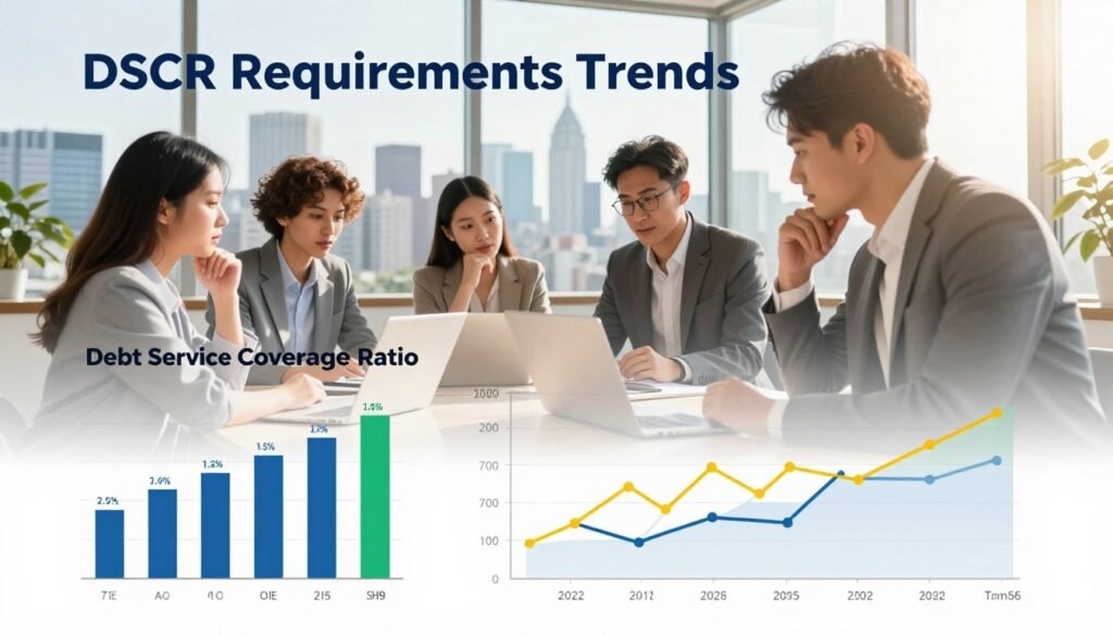 A modern, clean infographic design titled "DSCR Requirements Trends" that visually represents the trends in Debt Service Coverage Ratio for multifamily investors. In the foreground, include a sleek bar graph and line chart illustrating key statistics, with vibrant colors to emphasize data points. The middle layer depicts figures of diverse professionals in business attire, analyzing the charts together with thoughtful expressions, conveying collaboration. In the background, a city skyline can be seen, symbolizing the multifamily investment landscape. Natural sunlight streams through large windows, creating a bright and optimistic atmosphere. The lens captures a slightly angled view, adding depth to the composition. Ensure the branding "Thorne CRE" is incorporated discreetly, complementing the professional theme without overwhelming the visual. A modern, clean infographic design titled "DSCR Requirements Trends" that visually represents the trends in Debt Service Coverage Ratio for multifamily investors. In the foreground, include a sleek bar graph and line chart illustrating key statistics, with vibrant colors to emphasize data points. The middle layer depicts figures of diverse professionals in business attire, analyzing the charts together with thoughtful expressions, conveying collaboration. In the background, a city skyline can be seen, symbolizing the multifamily investment landscape. Natural sunlight streams through large windows, creating a bright and optimistic atmosphere. The lens captures a slightly angled view, adding depth to the composition. Ensure the branding "Thorne CRE" is incorporated discreetly, complementing the professional theme without overwhelming the visual.