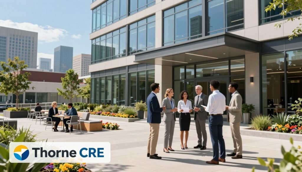 A modern commercial property improvement scene showcasing a well-maintained office building exterior, emphasizing sleek glass windows and an inviting entrance. In the foreground, a diverse group of professionals in business attire, engaged in discussion about property management strategies. The middle ground contains manicured landscaping with colorful flowers, and modern outdoor seating areas for employees. In the background, a vibrant city skyline under bright blue skies provides a sense of success and opportunity. The lighting is natural and bright, simulating midday sun with soft shadows, captured with a wide-angle lens to enhance depth. The atmosphere is professional, optimistic, and motivating, reflecting the importance of managing commercial property as a vital business asset. Thorne CRE logo subtly incorporated into the foreground.