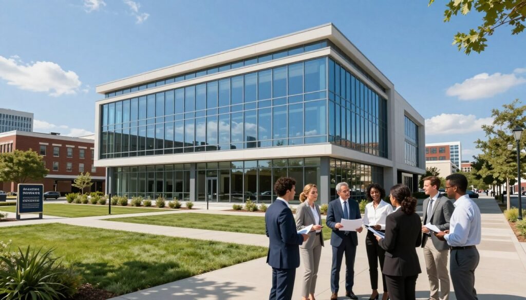 A modern commercial property in Kentucky, showcasing a sleek, newly remodeled office building with large glass windows reflecting the vibrant blue sky. In the foreground, include a diverse group of professionals in business attire discussing plans and strategies, emphasizing collaboration and financial insights. The middle ground features landscaping with manicured lawns and contemporary signage indicating available spaces. In the background, depict a skyline of traditional Kentucky architecture mixed with modern developments, suggesting growth and opportunity. The lighting is bright and inviting, with soft shadows that create depth. A wide-angle perspective captures the expansive scene, conveying a sense of optimism and ambition in commercial real estate financing.