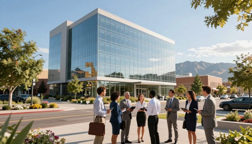 A modern commercial property in a vibrant Utah business district, showcasing a sleek glass-fronted office building. In the foreground, a diverse group of professionals in business attire engage in a discussion, holding digital tablets and briefcases, portraying an atmosphere of collaboration and strategizing. The middle ground features lush landscaping with trees and flowers, leading up to the building’s entrance, where stylish corporate signage is visible. The background reveals Utah's stunning mountain range under a clear blue sky, with soft sunlight illuminating the scene, creating a warm and inviting atmosphere. The angle is a slightly elevated view, depicting the property from a dynamic perspective to emphasize its importance in the commercial real estate landscape.