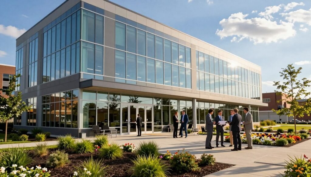 A modern commercial property scene in Iowa, showcasing a stylish multi-story office building with reflective glass windows and a contemporary design. In the foreground, a well-maintained landscaped area with green shrubs and colorful flowers. In the middle ground, small groups of professionals in business attire discussing plans on the patio and entering the building. The background features a clear blue sky with soft fluffy clouds, highlighting the sunny atmosphere. The image is captured from a slightly elevated angle to provide a comprehensive view of the property and its surroundings. Warm natural lighting casts gentle shadows, creating an inviting and professional mood, suitable for an article on commercial real estate financing.