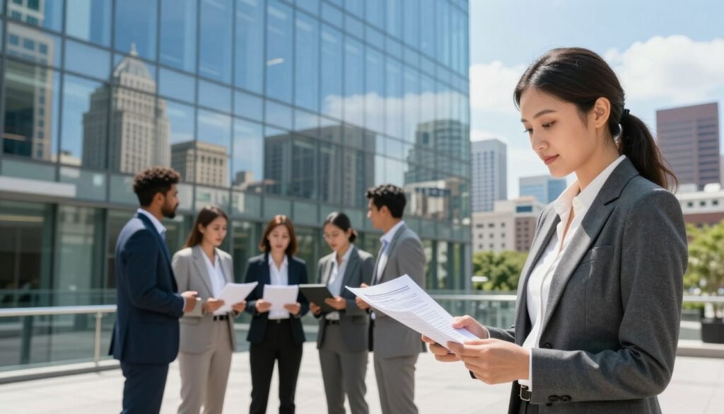 A modern commercial real estate office building in Illinois, showcasing a sleek glass façade reflecting the skyline. In the foreground, a professional businesswoman in a tailored suit examines property documents, symbolizing buyers and investors. The middle ground features a diverse group of professionals engaged in a discussion, all dressed in business attire, highlighting collaboration in financing projects. The background displays a vibrant cityscape with iconic Illinois architecture, under a bright blue sky. Soft, natural lighting enhances the scene, with focus on the subjects and a slight blur on the distant buildings, creating a sense of depth. The overall mood is optimistic and strategic, reflecting the dynamic nature of commercial real estate financing. A modern commercial real estate office building in Illinois, showcasing a sleek glass façade reflecting the skyline. In the foreground, a professional businesswoman in a tailored suit examines property documents, symbolizing buyers and investors. The middle ground features a diverse group of professionals engaged in a discussion, all dressed in business attire, highlighting collaboration in financing projects. The background displays a vibrant cityscape with iconic Illinois architecture, under a bright blue sky. Soft, natural lighting enhances the scene, with focus on the subjects and a slight blur on the distant buildings, creating a sense of depth. The overall mood is optimistic and strategic, reflecting the dynamic nature of commercial real estate financing.