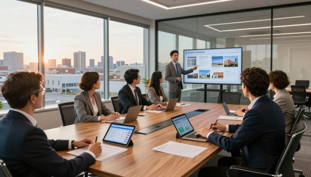 A modern commercial real estate office environment in North Dakota, featuring a clear glass conference room filled with professionals in business attire discussing financing options. In the foreground, a large wooden table covered with documents and digital tablets displaying property listings and financial graphs. The middle ground shows a presenter pointing at a digital screen showcasing different property types: retail spaces, office buildings, and industrial parks. The background features large windows with a view of the North Dakota skyline, bathed in warm afternoon sunlight, creating a vibrant and optimistic atmosphere. Use a wide-angle lens to capture the open space, with soft natural lighting to enhance a collaborative mood. No text or branding is included in the image. A modern commercial real estate office environment in North Dakota, featuring a clear glass conference room filled with professionals in business attire discussing financing options. In the foreground, a large wooden table covered with documents and digital tablets displaying property listings and financial graphs. The middle ground shows a presenter pointing at a digital screen showcasing different property types: retail spaces, office buildings, and industrial parks. The background features large windows with a view of the North Dakota skyline, bathed in warm afternoon sunlight, creating a vibrant and optimistic atmosphere. Use a wide-angle lens to capture the open space, with soft natural lighting to enhance a collaborative mood. No text or branding is included in the image.