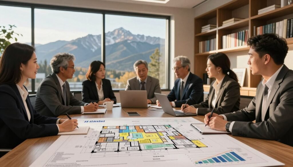 A modern commercial real estate office in Colorado, featuring a dynamic team of diverse professionals in business attire engaged in a strategic meeting around a conference table. In the foreground, a detailed architectural layout of a commercial property is spread across the table, showcasing intricate designs and financial graphs. In the middle, large windows reveal a stunning view of the Colorado mountains, bathed in warm afternoon sunlight, adding a touch of inspiration and ambition to the scene. The background features shelves filled with property documents and financial books, illuminated by soft ambient lighting that creates a professional atmosphere. The angle is slightly elevated, focusing on the teamwork and collaboration, evoking a sense of determination and strategic planning.
