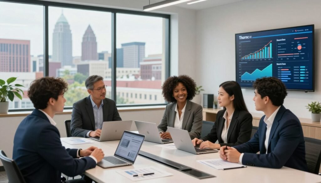 A modern commercial real estate office in Hendersonville, Tennessee, serving as a hub for innovative financing solutions. In the foreground, a team of diverse professionals dressed in smart business attire, engaged in a discussion around a sleek conference table with financial documents and laptops. The middle ground features large windows showcasing a vibrant city view, with Tennessee's distinctive skyline. In the background, a digital display board highlights financial graphs and capital investment strategies, creating a dynamic atmosphere. Soft, natural lighting filters through the windows, enhancing a sense of optimism and collaboration. The logo "Thorne CRE" is subtly integrated into the office decor, adding a professional touch to the setting.