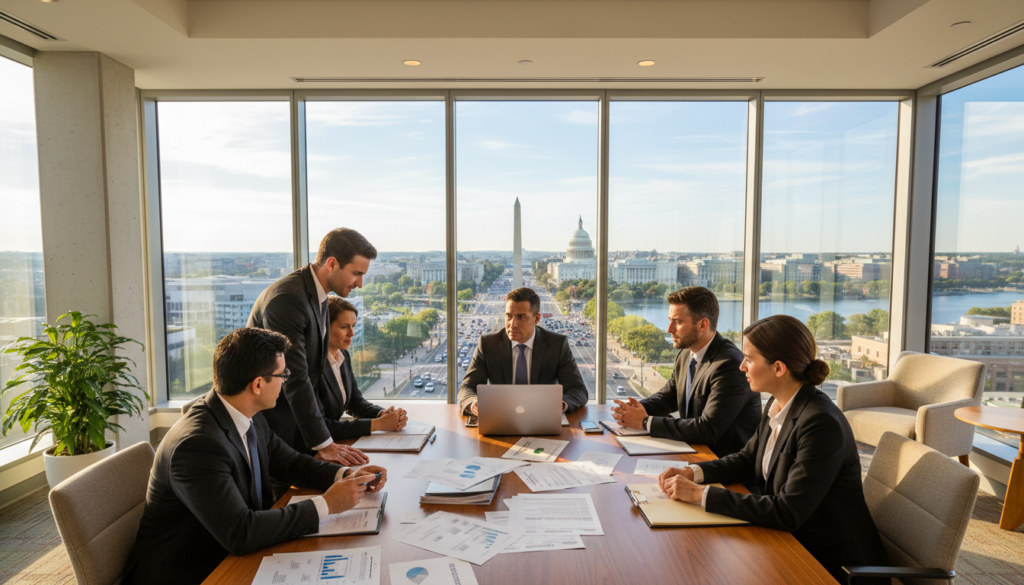A modern commercial real estate office in Washington, D.C. The foreground features a group of diverse business professionals in professional attire, engaged in a serious discussion around a large table filled with financial documents and a laptop. In the middle, a sleek glass conference room overlooks the bustling cityscape, showcasing iconic Washington landmarks through large windows. The background reveals a clear blue sky and vibrant city life below, indicating a thriving business environment. Use warm, natural lighting to create a welcoming atmosphere, emphasizing a sense of collaboration and strategy. The angle is slightly elevated, capturing both the detailed interior and the panoramic view of the city, setting an optimistic and professional mood suited for commercial real estate financing. A modern commercial real estate office in Washington, D.C. The foreground features a group of diverse business professionals in professional attire, engaged in a serious discussion around a large table filled with financial documents and a laptop. In the middle, a sleek glass conference room overlooks the bustling cityscape, showcasing iconic Washington landmarks through large windows. The background reveals a clear blue sky and vibrant city life below, indicating a thriving business environment. Use warm, natural lighting to create a welcoming atmosphere, emphasizing a sense of collaboration and strategy. The angle is slightly elevated, capturing both the detailed interior and the panoramic view of the city, setting an optimistic and professional mood suited for commercial real estate financing.