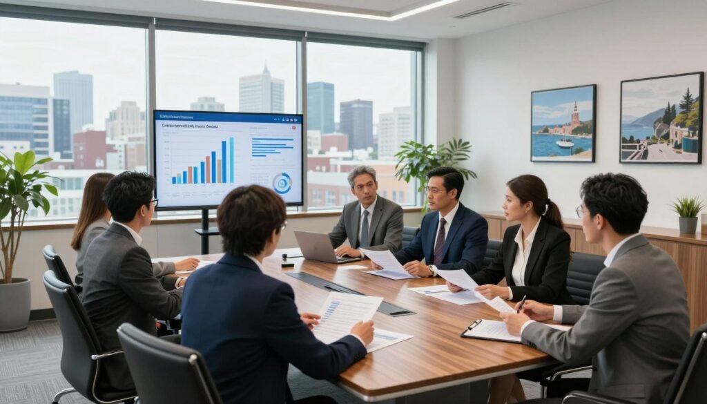 A modern commercial real estate office meeting room in Maine, featuring a large wooden conference table surrounded by sleek, professional chairs. In the foreground, a diverse group of business professionals dressed in formal business attire are engaged in a discussion, analyzing documents and financial reports. The middle ground showcases a large window with a view of Maine's urban skyline, allowing natural light to flood the room, illuminating a digital presentation screen displaying graphs and financial data. In the background, subtle decorations like potted plants and framed pictures of coastal Maine add a touch of local charm. The atmosphere is focused and dynamic, conveying a sense of collaboration and strategic planning, capturing the essence of current market financing priorities in commercial real estate.