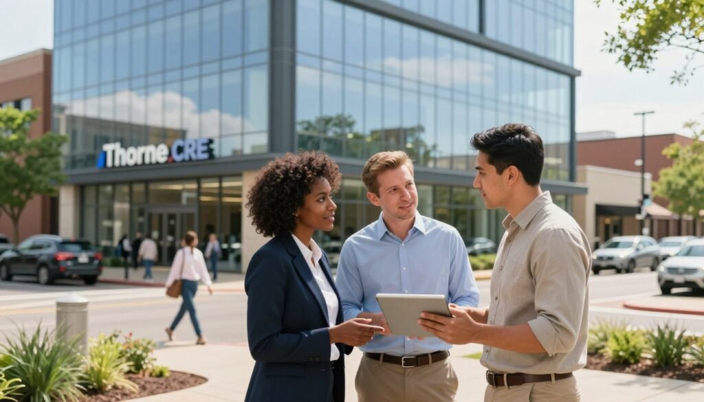 A modern commercial real estate office scene in Arkansas, showcasing a sleek, glass-fronted building reflecting the blue sky and environment. In the foreground, a diverse group of three professionals, a Black woman and a Caucasian man, both in business attire, and a Hispanic man in modest casual clothing, engaged in a discussion with a digital tablet in hand, symbolizing innovative financing options. In the middle ground, a vibrant urban streetscape with pedestrians and parked cars, featuring "Thorne CRE" signage prominently displayed on the building. The background includes lush greenery and other commercial structures, creating a lively atmosphere. Soft, warm lighting enhances the inviting feel of the scene, with a slight depth of field to focus attention on the professionals, conveying a mood of collaboration and opportunity in commercial real estate financing.