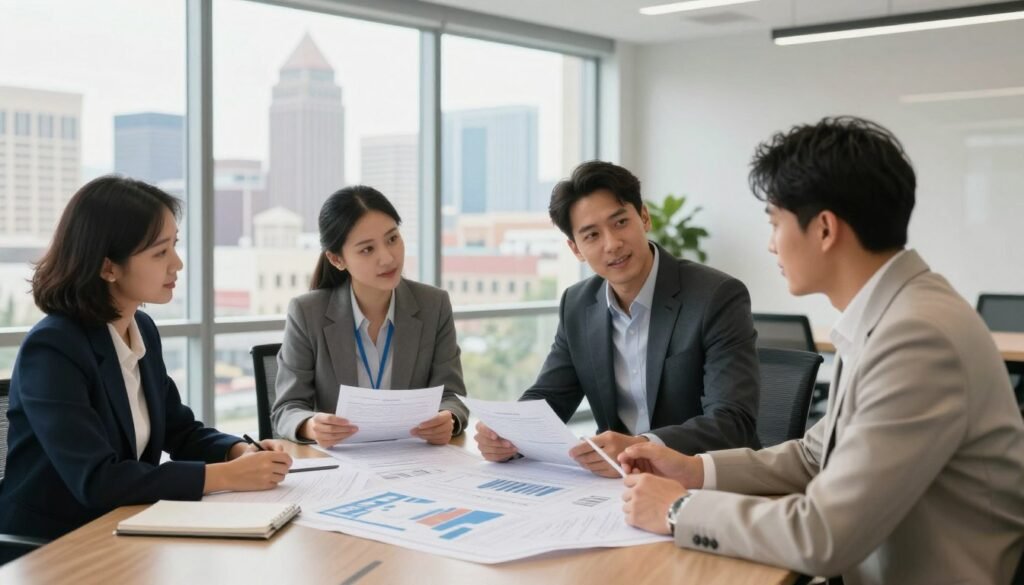 A modern commercial real estate office setting in Oklahoma, showcasing a spacious conference room with large windows revealing a city skyline. In the foreground, a diverse group of three professional business people, dressed in smart attire, are engaged in a discussion, examining documents. The middle ground features a large table with blueprints and financial reports, emphasizing the business aspect of real estate loans. In the background, a cityscape of Oklahoma can be seen under natural daylight, with minimalistic decor enhancing the professional atmosphere. The lighting is bright yet soft, creating an inviting and optimistic mood, encouraging a sense of collaboration and strategic planning for commercial real estate financing. Capture this scene from a slight angle to highlight both the professionals and the urban backdrop.