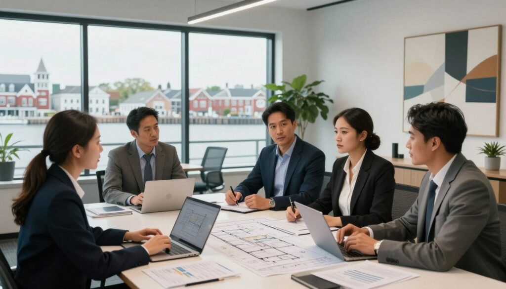 A modern commercial real estate office setting in Rhode Island, showcasing a professional atmosphere. In the foreground, a diverse group of four business professionals, two men and two women, dressed in smart business attire, engage in a discussion around a large conference table with architectural blueprints, laptops, and financial documentation spread out. In the middle ground, large windows allow natural light to flood the room, framing a vibrant view of Rhode Island's historic buildings and waterfront. The background features a sleek, contemporary design with abstract art and greenery, evoking a sense of progress and opportunity. The overall mood is collaborative and focused, highlighting the strategic approach to owner-occupied financing in today's market. Soft, warm lighting creates an inviting yet professional ambiance.