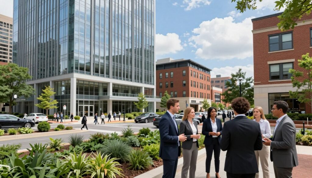 A modern commercial real estate office space in Maryland, featuring sleek glass skyscrapers and attractive brick buildings amidst well-maintained green landscaping. In the foreground, a diverse group of business professionals in formal attire, including men and women, engage in a discussion outside. The middle ground showcases a busy street with pedestrians and vehicles, highlighting the vibrant urban atmosphere. The background contains a clear blue sky with fluffy clouds, casting soft, natural lighting over the scene. The image should convey a sense of professionalism, opportunity, and collaboration, emphasizing an inviting and strategic environment for commercial financing solutions. The perspective is slightly elevated, resembling a wide-angle view to capture the bustling essence of Maryland's commercial landscape.