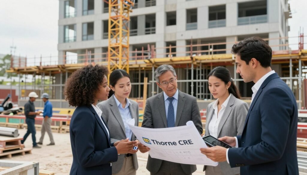 A modern construction site showcasing various financing options for tenant improvements in real estate development. In the foreground, a diverse group of professionals in business attire discusses plans over blueprints and digital tablets, indicating collaboration and strategic planning. The middle ground features scaffolding and construction machinery, highlighting an active development phase. The background shows a partially completed building with large windows, symbolizing growth and progress. Soft natural lighting illuminates the scene, capturing a professional and optimistic atmosphere. The lens angle is slightly elevated, providing a comprehensive view of the bustling site. The image prominently includes the brand name "Thorne CRE" within the contextual elements, blending seamlessly into the scene.