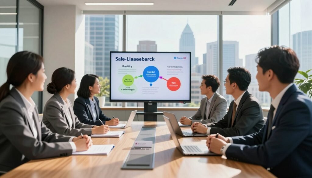 A modern corporate office meeting room, showcasing a diverse group of professionals in business attire, discussing benefits of sale-leaseback transactions. In the foreground, a polished wooden conference table holds documents and a laptop, while smiling individuals engage in conversation. The middle ground features a large presentation screen displaying key benefits like 'liquidity', 'capital recycling', and 'tax advantages' through colorful infographics. In the background, tall windows reveal a vibrant city skyline under bright, clear daylight, flooding the room with natural light. Soft shadows enhance the professional atmosphere, while a lens flares slightly to add a dynamic quality. Include the brand name "Thorne CRE" subtly on a business card on the table, ensuring a cohesive, optimistic professional mood.