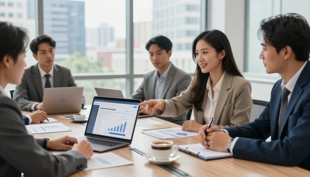 A modern financial meeting scene depicting diverse professionals in business attire discussing financing programs for commercial real estate. In the foreground, a confident woman points to a digital presentation on a sleek laptop, while a man nearby takes notes. The middle ground features a polished conference table with financial documents, charts, and a stylish coffee set. In the background, large windows reveal an urban skyline, suggesting both suburban and urban environments. The lighting is bright and professional, with natural light streaming in, creating a dynamic and encouraging atmosphere. The focus should be on collaboration and the flow of capital, incorporating subtle branding for "Thorne CRE" in the presentation materials.