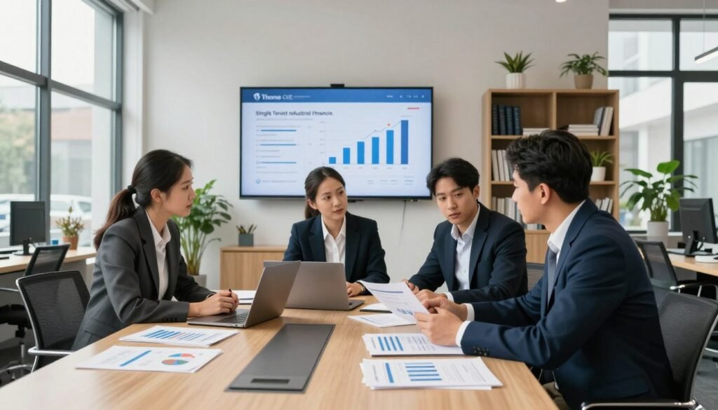 A modern financing office interior for single-tenant industrial properties, featuring a large conference table surrounded by financial documents and analysis charts. In the foreground, a diverse group of three professionals in business attire, two men and one woman, engaged in a discussion over a laptop and a financial report, illuminated by natural light streaming through large windows. The middle section displays a wall-mounted screen presenting key metrics about single-tenant industrial financing options, emphasizing a professional and collaborative atmosphere. In the background, shelves filled with financial books and plant decorations add a touch of warmth. The overall mood should be focused and serious, conveying a sense of professionalism and expertise. Incorporate branding elements subtly representing "Thorne CRE" in the office decor.