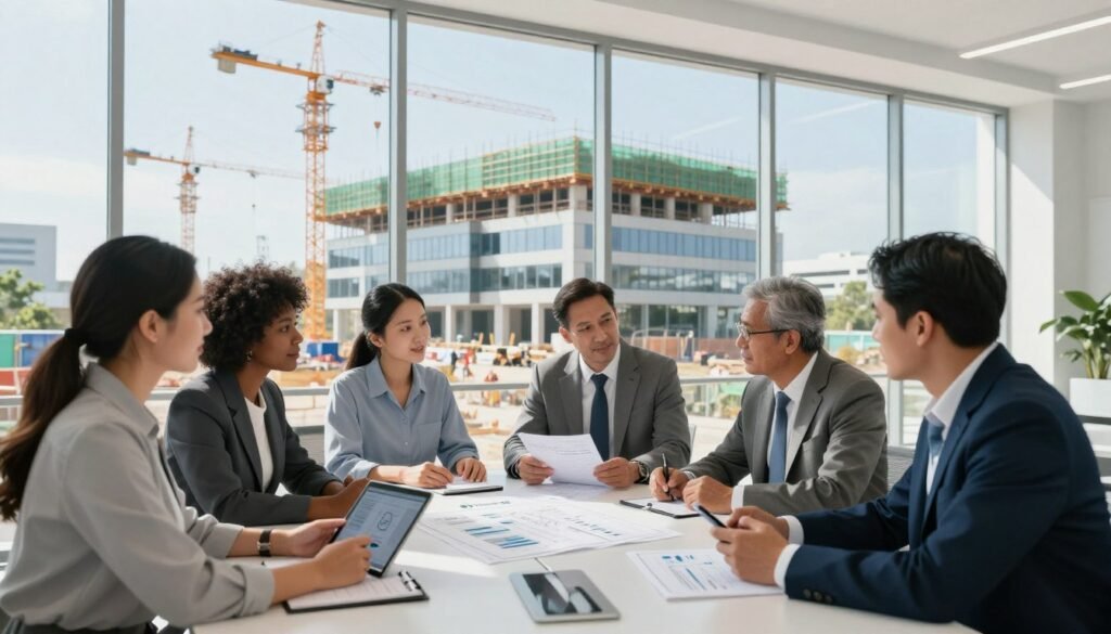 A modern healthcare facility financing case studies scene, showcasing a diverse group of professionals engaged in discussion around a conference table. In the foreground, a well-dressed mixed group of men and women consult over blueprints, financial documents, and digital tablets, exuding a collaborative atmosphere. The middle ground features large windows allowing bright, natural light to flood the space, creating an open and welcoming environment. The background displays a sophisticated healthcare center under construction, with cranes and scaffolding visible, symbolizing growth and investment. The scene is shot with a wide-angle lens to provide a sense of depth, accentuating the dynamic interaction in the foreground amid the bustling project site. The mood is optimistic and professional, reflecting the success in healthcare facility financing. Include the brand name "Thorne CRE" subtly integrated into the environment, such as on a document or digital display. A modern healthcare facility financing case studies scene, showcasing a diverse group of professionals engaged in discussion around a conference table. In the foreground, a well-dressed mixed group of men and women consult over blueprints, financial documents, and digital tablets, exuding a collaborative atmosphere. The middle ground features large windows allowing bright, natural light to flood the space, creating an open and welcoming environment. The background displays a sophisticated healthcare center under construction, with cranes and scaffolding visible, symbolizing growth and investment. The scene is shot with a wide-angle lens to provide a sense of depth, accentuating the dynamic interaction in the foreground amid the bustling project site. The mood is optimistic and professional, reflecting the success in healthcare facility financing. Include the brand name "Thorne CRE" subtly integrated into the environment, such as on a document or digital display.