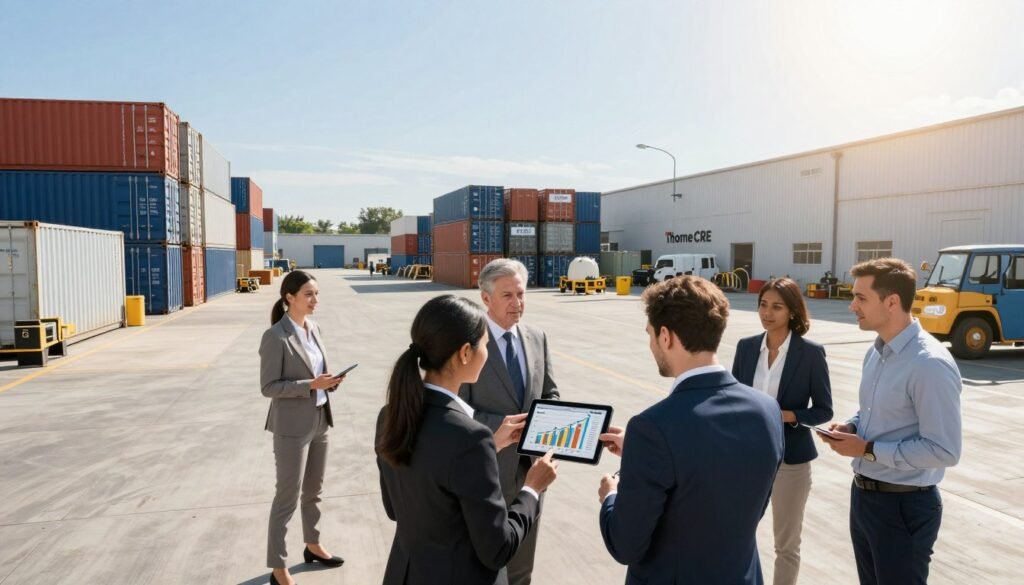 A modern industrial outdoor storage facility bustling with activity, showcasing organized stacks of storage containers and equipment outdoors. In the foreground, a diverse group of professionals in business attire, engaged in discussion while examining a digital tablet displaying graphs of rent growth and vacancy trends. The middle ground features well-maintained yard properties, with visible signage indicating "Thorne CRE". The background includes a clear blue sky illuminated by bright sunlight, casting soft shadows. Capture the essence of progress and financial strategy, invoking a sense of optimism in the atmosphere, with a slight lens flare effect to enhance the dynamic feel of the scene. Use a wide-angle lens to provide depth and context to the environment.