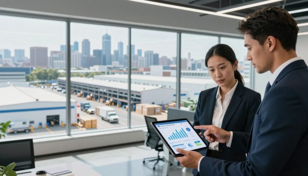 A modern industrial property financing scene set in a sleek, high-tech office environment. In the foreground, a diverse group of three business professionals dressed in smart business attire are discussing data on a digital tablet, displaying graphs and charts related to financing trends for last-mile and flex industrial properties. In the middle ground, a large window reveals a view of bustling warehouses and distribution centers, with delivery trucks and workers efficiently managing logistics. The background features a city skyline symbolizing growth and opportunity. The lighting is bright and professional, with a focus on clarity and optimism, reflecting the future trends in industrial financing. The atmosphere is dynamic and forward-thinking, capturing the essence of innovation in the industry. Include a discreet placement of "Thorne CRE" within the office space, visible yet subtle.