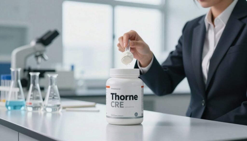 A modern laboratory setting featuring a sleek container of "Thorne CRE" creatine supplement prominently placed on a clean, reflective surface. In the foreground, a professional-looking individual in business attire is carefully measuring the creatine powder with a scoop, demonstrating precision and focus. The middle ground includes a subtle array of scientific equipment like beakers and flasks, hinting at research on performance and endurance. In the background, a large window allows natural light to flood the room, creating a bright and inspiring atmosphere. The overall mood is one of innovation and commitment to health, with a soft-focus effect that emphasizes the subject while retaining a professional presentation.