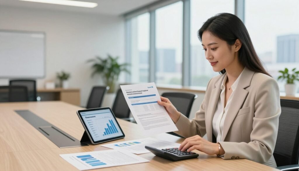 A modern medical office setting showcasing various financing options, with a focus on loan terms and structures. In the foreground, a confident, professional woman in formal business attire is examining a financial document and using a calculator, illustrating the analytical aspect of financing. The middle ground features a sleek conference table with charts and graphs displayed on a digital tablet, highlighting key financial insights. The background includes a well-lit office with large windows, providing a view of a city skyline, emphasizing professionalism and opportunity. The color palette is warm and inviting, with natural light flooding the space. A subtle branding touch with the logo "Thorne CRE" can be seen on the document she holds. The overall mood is serious yet optimistic, reflecting the importance of informed financing in professional office settings. A modern medical office setting showcasing various financing options, with a focus on loan terms and structures. In the foreground, a confident, professional woman in formal business attire is examining a financial document and using a calculator, illustrating the analytical aspect of financing. The middle ground features a sleek conference table with charts and graphs displayed on a digital tablet, highlighting key financial insights. The background includes a well-lit office with large windows, providing a view of a city skyline, emphasizing professionalism and opportunity. The color palette is warm and inviting, with natural light flooding the space. A subtle branding touch with the logo "Thorne CRE" can be seen on the document she holds. The overall mood is serious yet optimistic, reflecting the importance of informed financing in professional office settings.